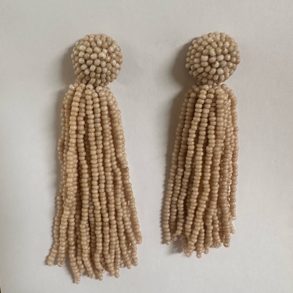 Elegant Beige Beaded Tassel Earrings